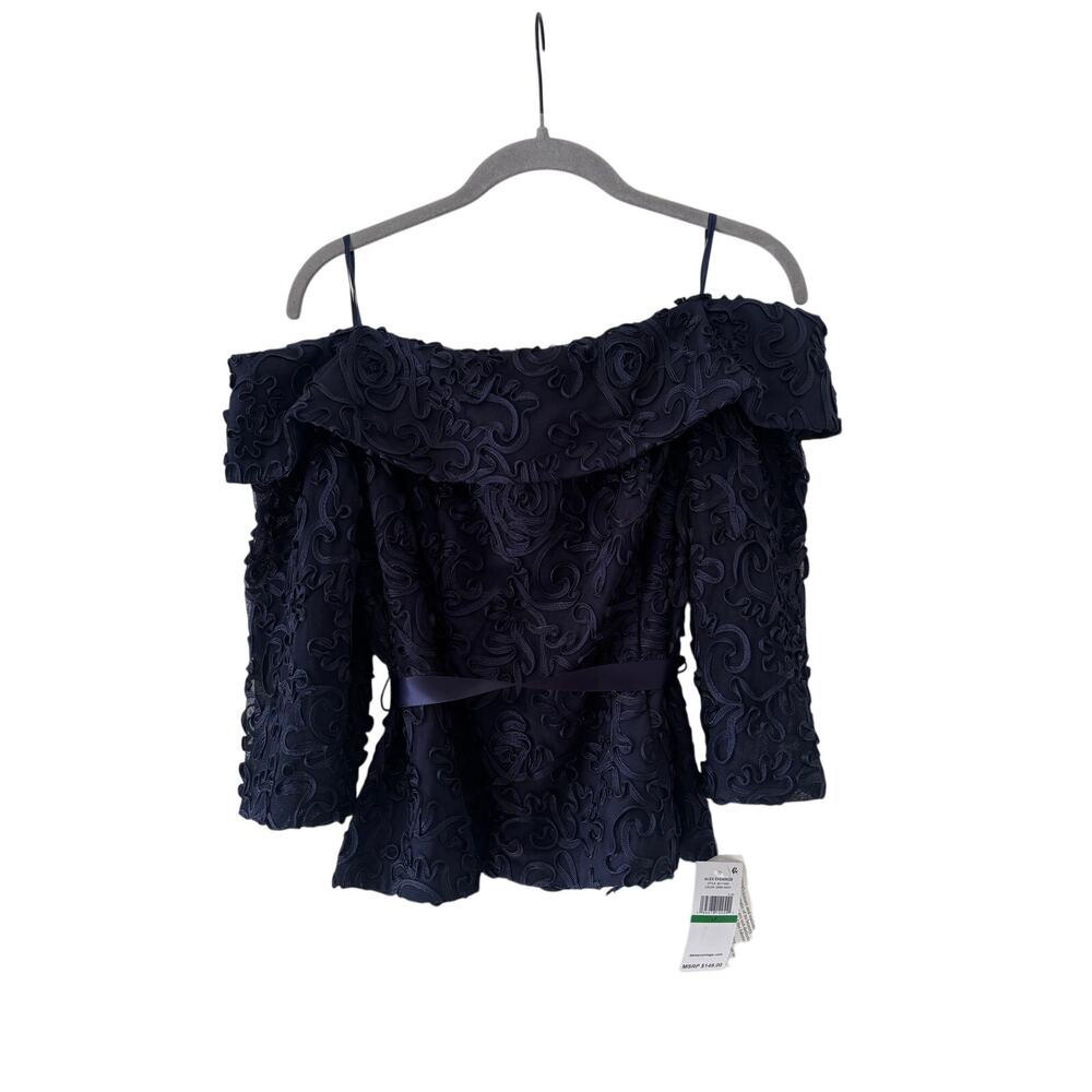 Alex Evenings Navy Lace Off-Shoulder Petite Blouse LP - Picture 2 of 9